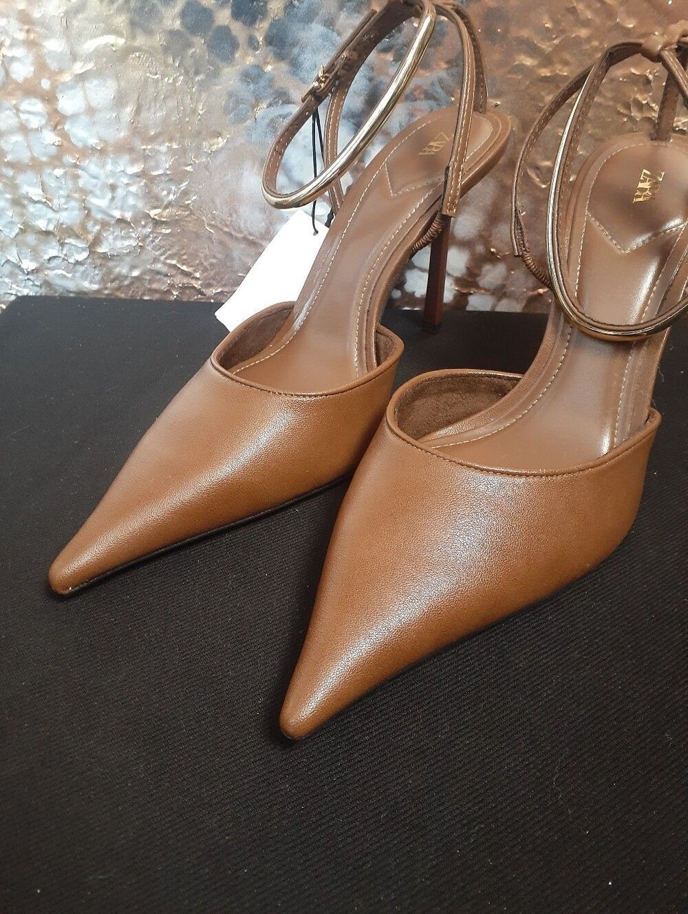 Zara Nwt Latte Brown Pointed-Toe Stiletto Slingback Heels In Faux Leather - Picture 16 of 16